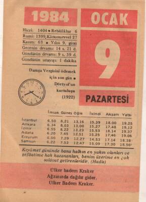 9 Ocak 1984 Takvim Yaprağı EFM(N)4748 - 1