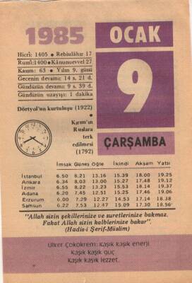 9 Ocak 1985 Takvim Yaprağı EFM(N)4779 - 1