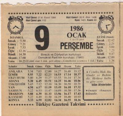 9 Ocak 1986 Takvim Yaprağı EFM(N)5027 - 1