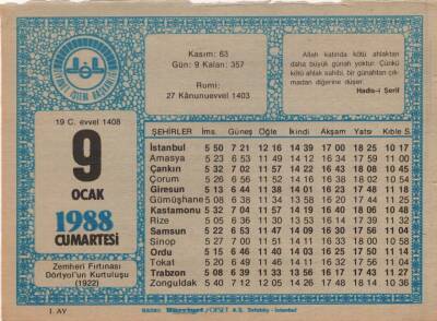 9 Ocak 1988 Takvim Yaprağı EFM(N)4903 - 1