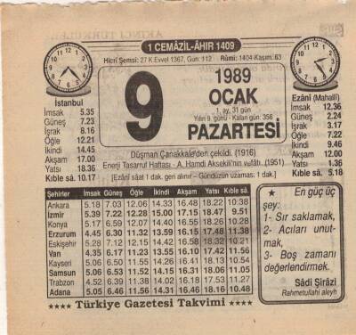 9 Ocak 1989 Takvim Yaprağı EFM(N)4717 - 1