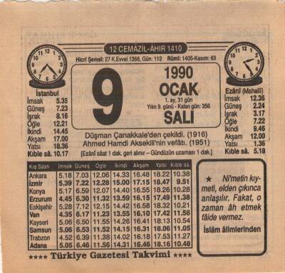 9 Ocak 1990 Takvim Yaprağı EFM(N)4686 - 1