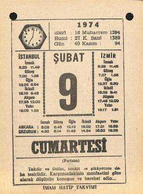 9 Şubat 1974 Takvim Yaprağı - Doğum Günü Hediyesi EFM(N)12278 - 1