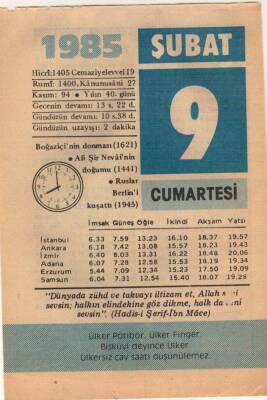 9 Şubat 1985 Takvim Yaprağı EFM(N)5135 - 1