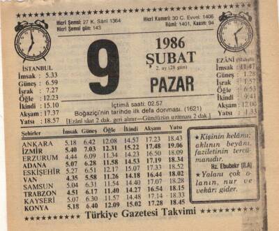 9 Şubat 1986 Takvim Yaprağı EFM(N)5220 - 1