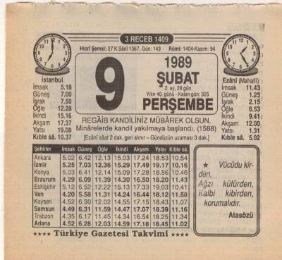 9 Şubat 1989 Takvim Yaprağı EFM(N)5361 - 1