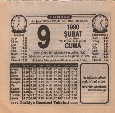 9 Şubat 1990 Takvim Yaprağı EFM(N)5192 - 1