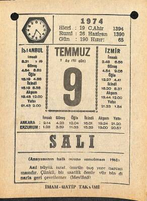 9 Temmuz 1974 Takvim Yaprağı - Doğum Günü Hediyesi EFM(N)12122 - 1