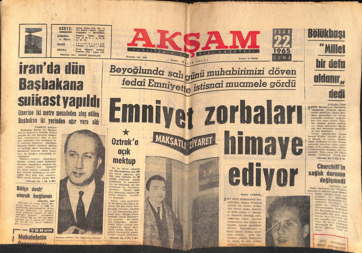 Akşam Gazetesi 22 Ocak 1965 - İran'da Başbakana Suikast Yapıldı - Kennedy'den İş İsteyen Adam Menfi Cevap Aldı GZ155829 - 1