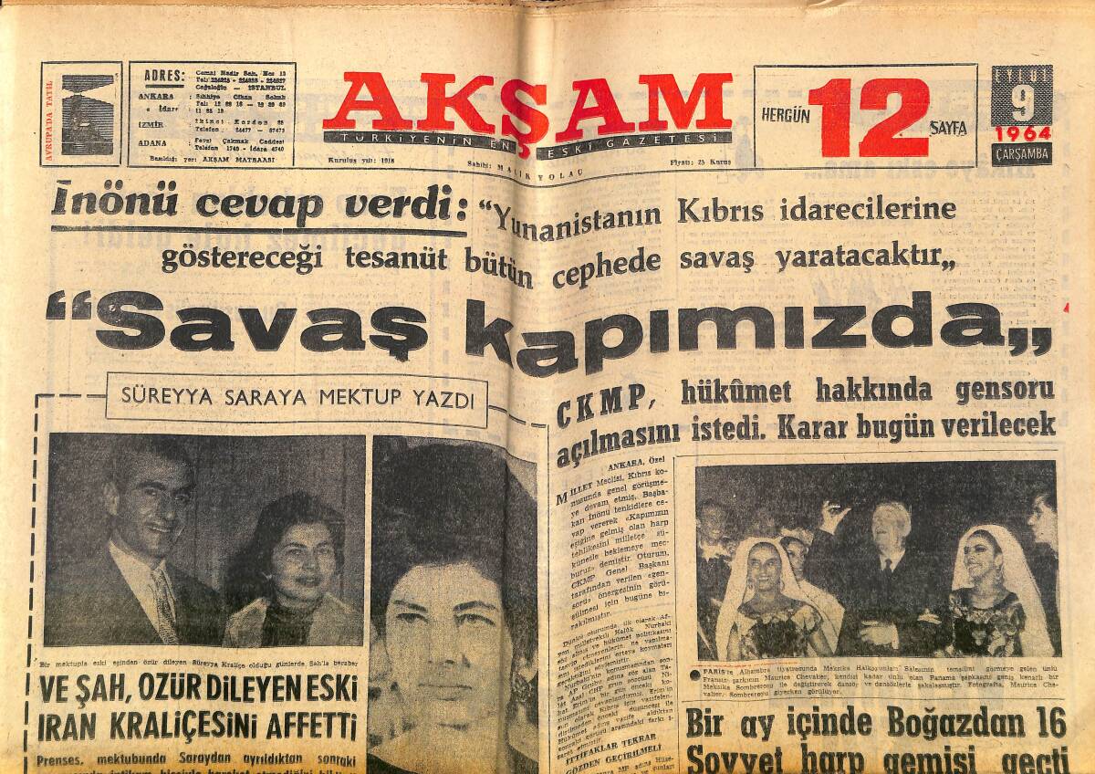 Akşam Gazetesi 9 Eylül 1964 - Süreyya Saraya Mektup Yazdı, Ve Şah Eski İran Kraliçesini Affetti - Boğazdan 16 Sovyet Harp Gemisi Geçti GZ153456 - 1