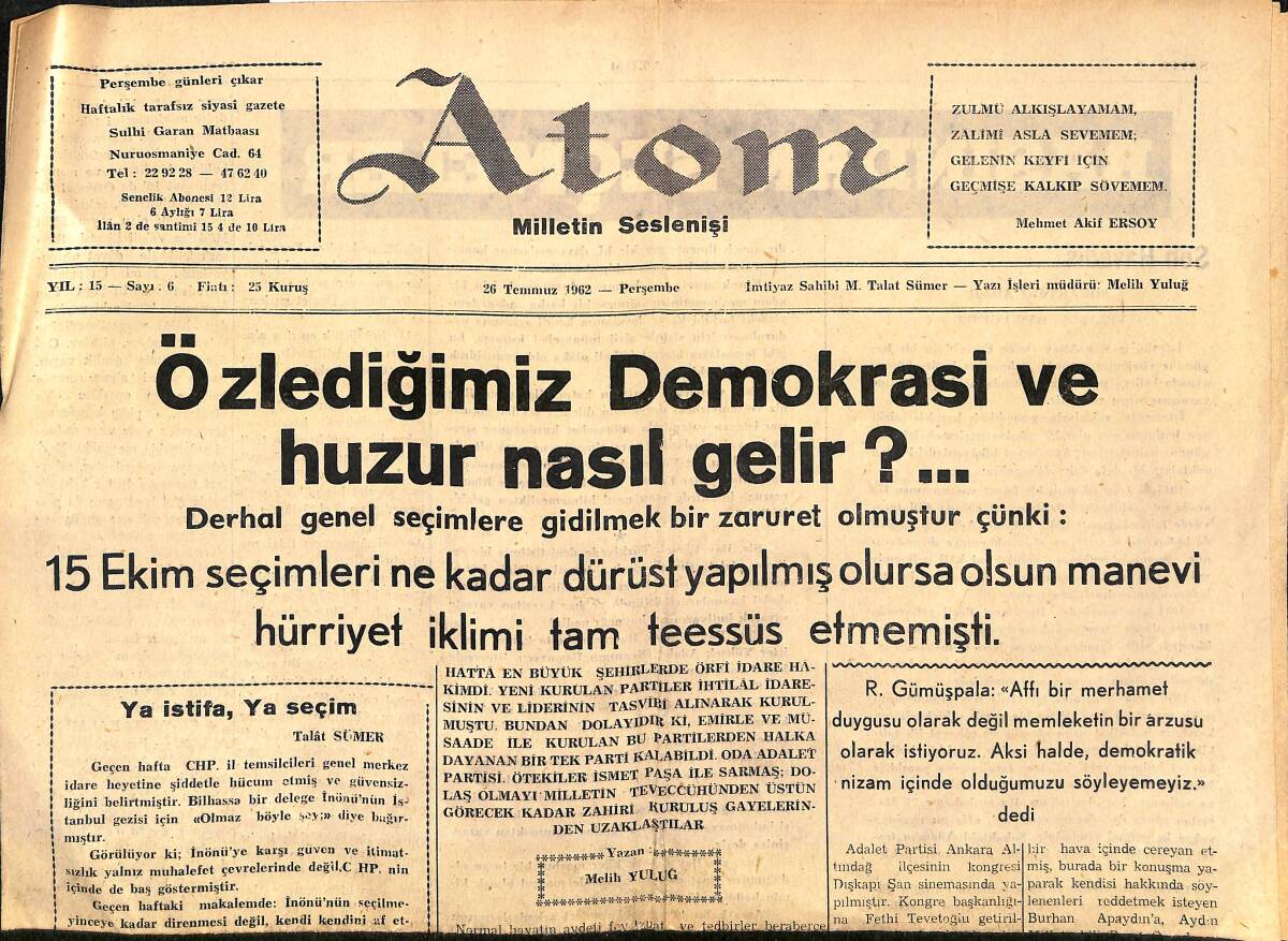 Atom Milletin Seslenişi Gazetesi 26 Temmuz 1962 - AP Zeytinburnu Kongresi - Esir Milletler Haftasında Türkiye'de De Benimsenmesi İsteniyor GZ153455 - 1