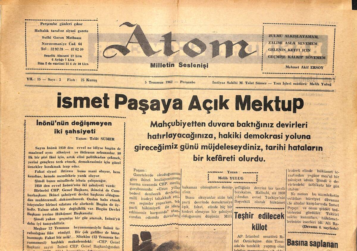 Atom Milletin Seslenişi Gazetesi 5 Temmuz 1962 - İsmet Paşa'ya Açık Mektup - 27 Mayıs Türk Ordusunun Eseridir GZ153486 - 1