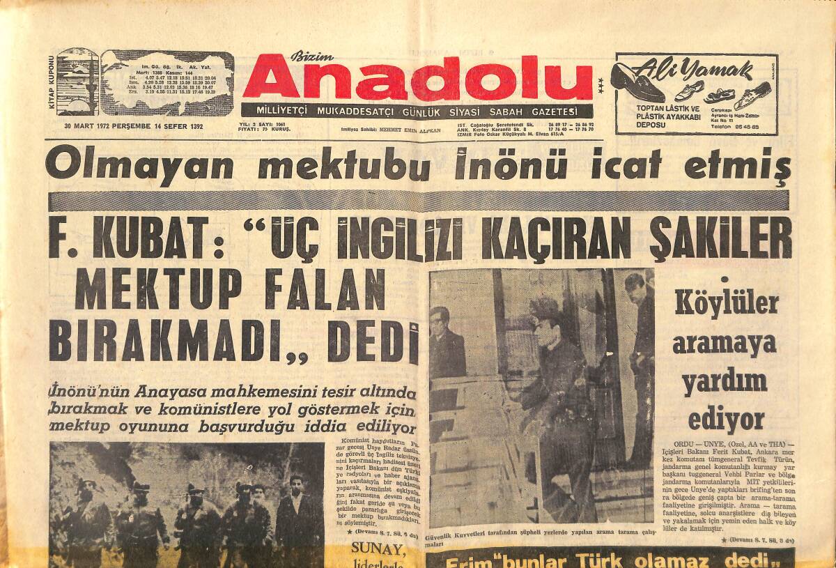 Bizim Anadolu Gazetesi 30 Mart 1972 - Olmayan Mektubu İnönü İcat Etmiş - Bir Şarkıcının Ölümü: Müzeyyen Senar GZ153459 - 1