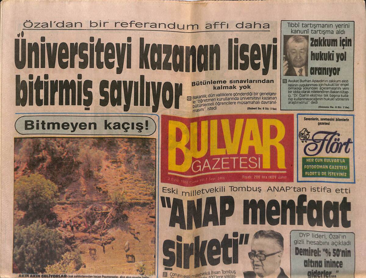 Bulvar Gazetesi 2 Eylül 1988 - Papandreu Kalp Ameliyatı Olacak - Zakkum İçin Hukuki Yol Aranıyor GZ149490 - 1