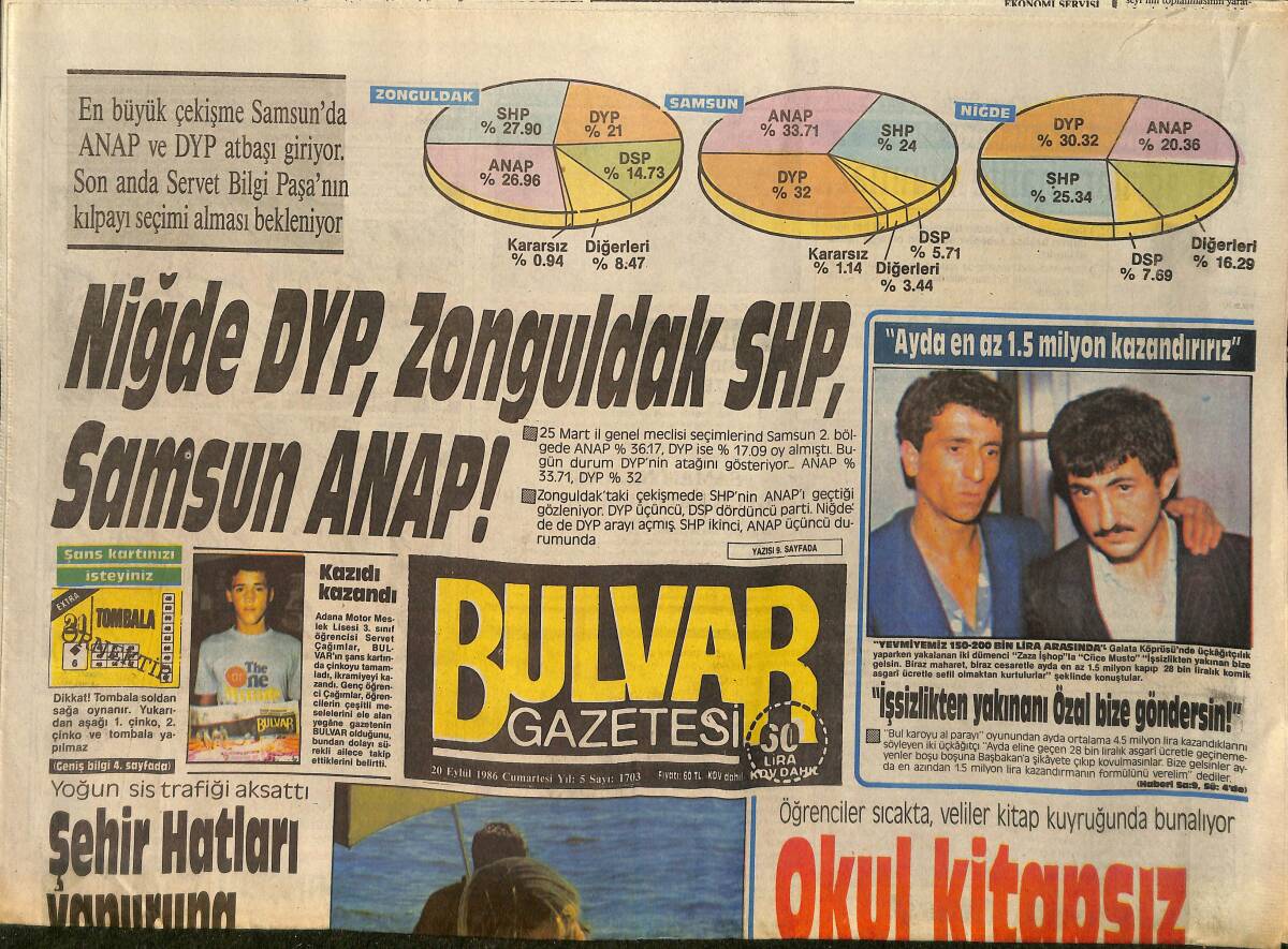 Bulvar Gazetesi 20 Eylül 1986 - Diana'nın Saçı Sarayı Karıştırdı - Sylvester Stallone: Servetimi Karımla Yiyorum - Fatma Girik, Kadir İnanır GZ153481 - 2