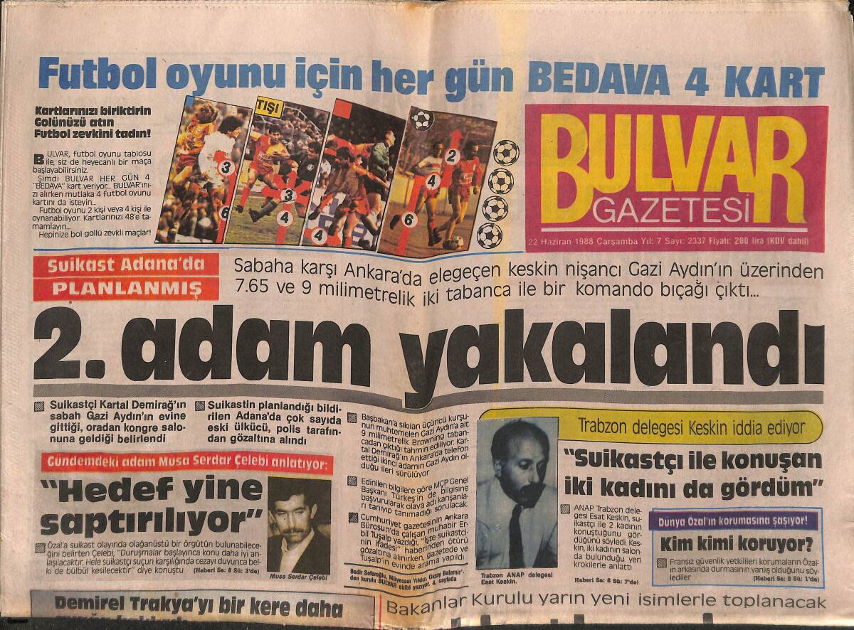 Bulvar Gazetesi 22 Haziran 1988 - Cem Karaca Beraat Etti - Evren'e Yeni Köşk GZ149488 - 1