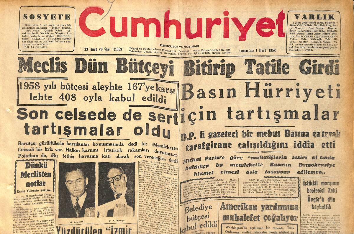 Cumhuriyet Gazetesi 1 Mart 1958 - Atina'da İstifa Eden Bakanlar - Çanakkale Abidesi İçin Tahsisat GZ155788 - 1