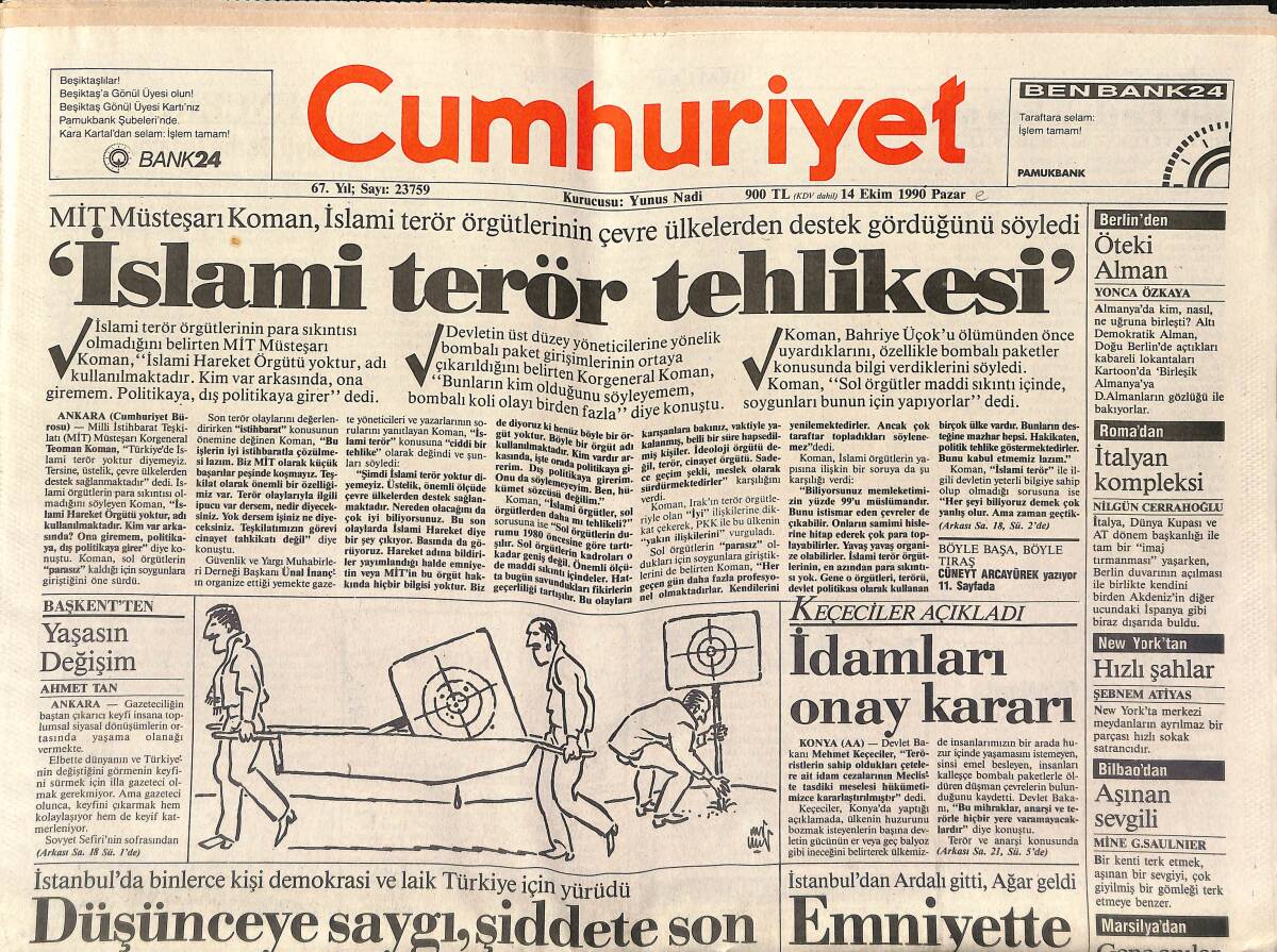 Cumhuriyet Gazetesi 14 Ekim 1990 - Diana Duruldu - Beşiktaş Moral Düzeltti GZ153464 - 1