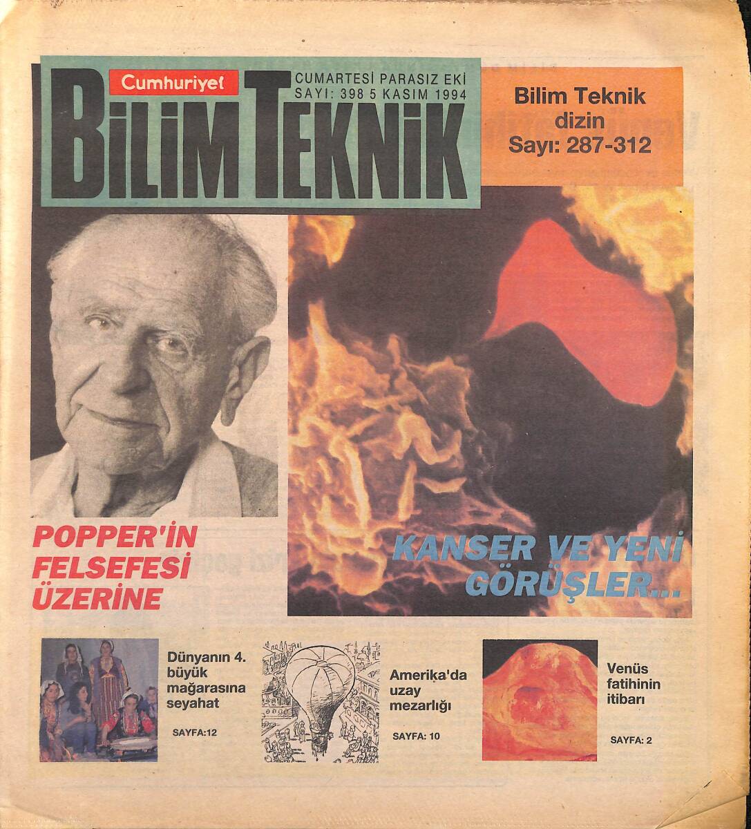 Cumhuriyet Gazetesi Bilim Teknik Eki 5 Kasım 1994 Sayı : 398 - Popper'in Felsefesi Üzerine - Amerika'da Uzay Mezarlığı GZ155767 - 1