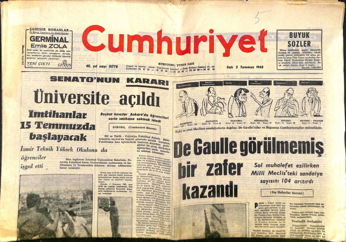 Cumhuriyet Gazetesi Eki 2 Temmuz 1968 - De Gaulle Görülmemiş Bir Zafer Kazandı - Can Bartu: Futbolu Bırakırım GZ153472 - 1