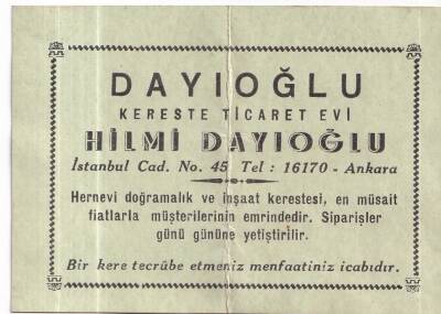 Dayıoğlu Kereste Ticaret evi Hilmi Dayıoğlu Ankara İş Yeri Kartvizit - 1