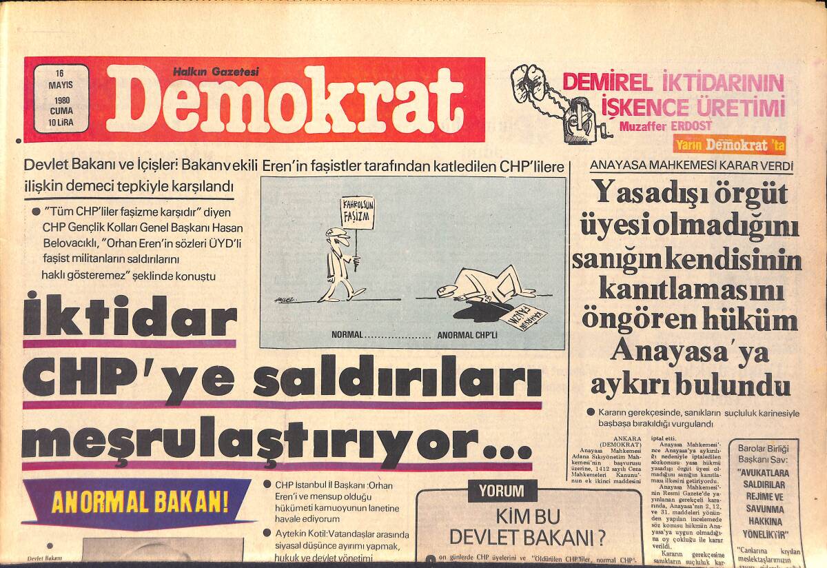 Demokrat Gazetesi 16 Mayıs 1980 - İktidar CHP'ye Saldırıları Meşrulaştırıyor - THY İşçileri HAVA-İŞ Sendikası'na Siyah Çelenk Bıraktı GZ156076 - 1