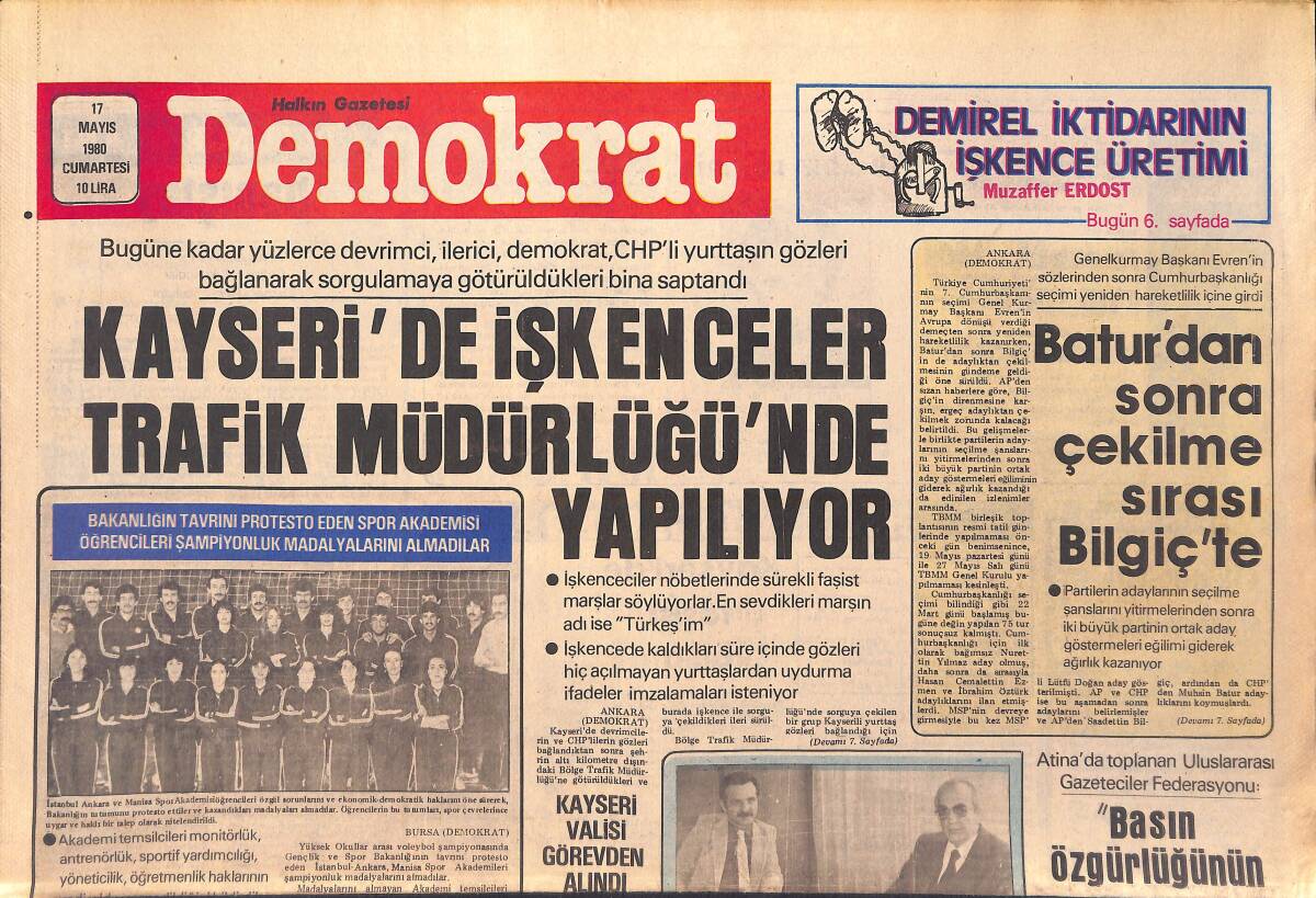 Demokrat Gazetesi 17 Mayıs 1980 - Kayseri'de İşkenceler Trafik Müdürlüğü'nde Yapılıyor - Konya'da Faşistler İşçilere Ateş Açtı GZ156077 - 1