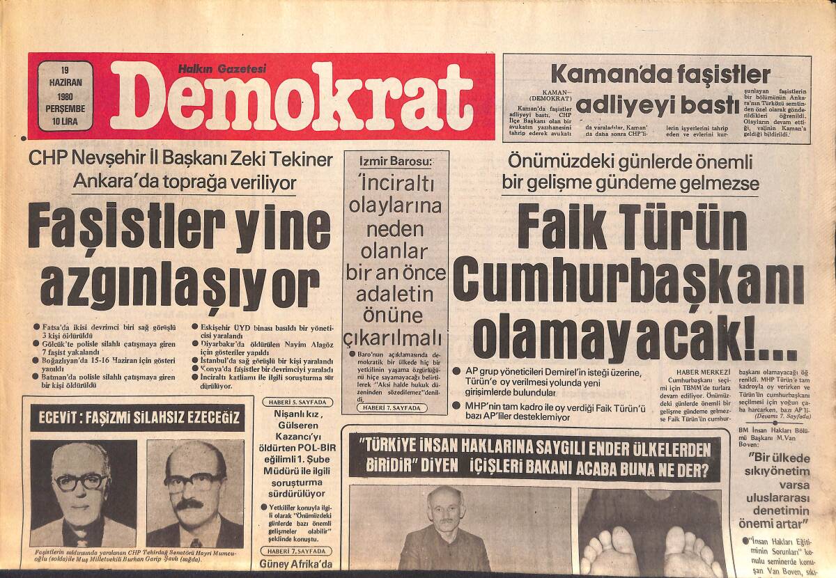 Demokrat Gazetesi 19 Haziran 1980 - Giresun'da 7 Gün İşkence Gören Bir Yurttaş Yürüyemiyor GZ156081 - 1