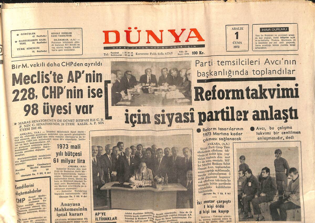 Dünya Gazetesi 1 Aralık 1972 - Galatasaray Ve Fenerbahçe Maç İçin Çalışmalarını Sürdürüyor - Reform Takvimi İçin Siyasi Partiler Anlaştı GZ149358 - 1