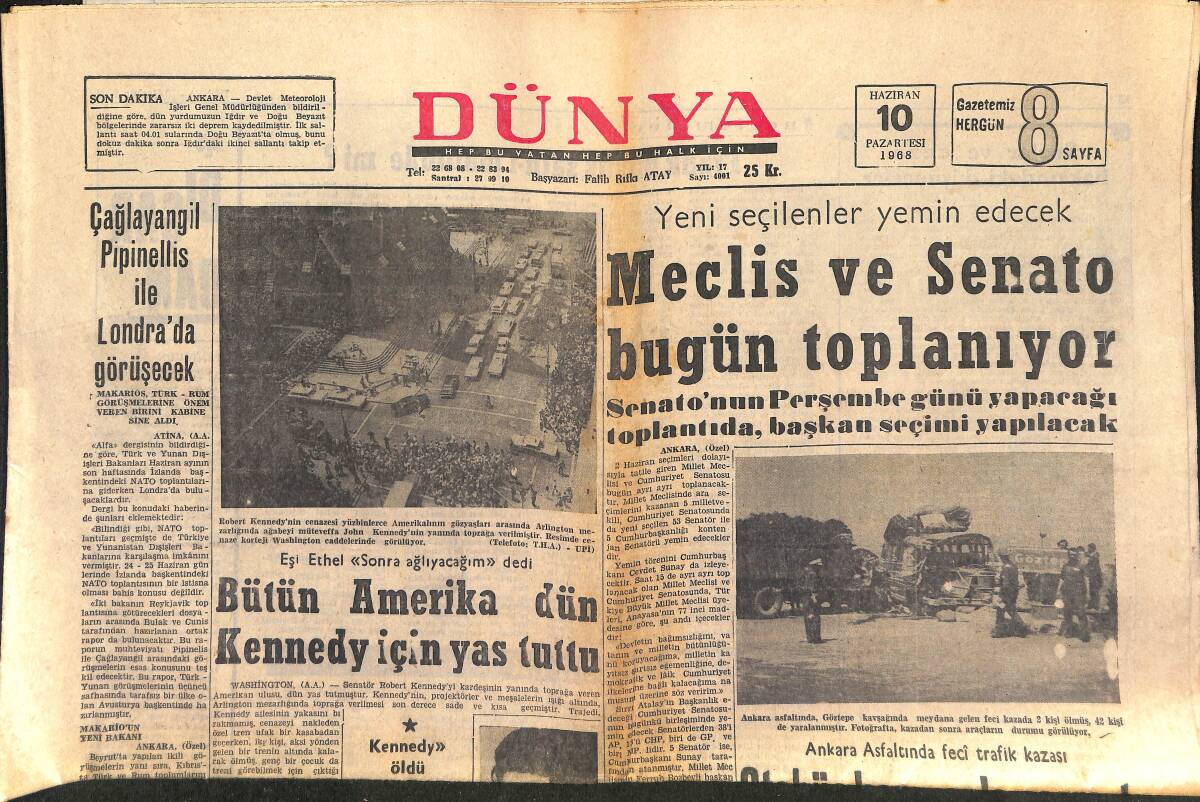 Dünya Gazetesi 10 Haziran 1968 - Bütün Amerika Kennedy İçin Yas Tuttu - Üç Büyüklerde Transfer Çalışması Hızlandı GZ153461 - 1