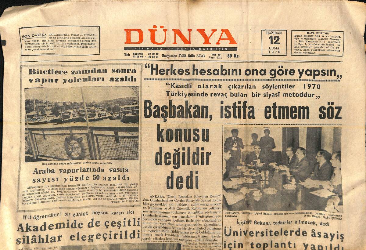 Dünya Gazetesi 12 Haziran 1970 - Jackie, Liz Ve Ethel'in Geleceği Ne Olacak - Ürdün, İç Savaşın Eşiğinde Şiddetli Çarpışmalar Oluyor GZ155802 - 1