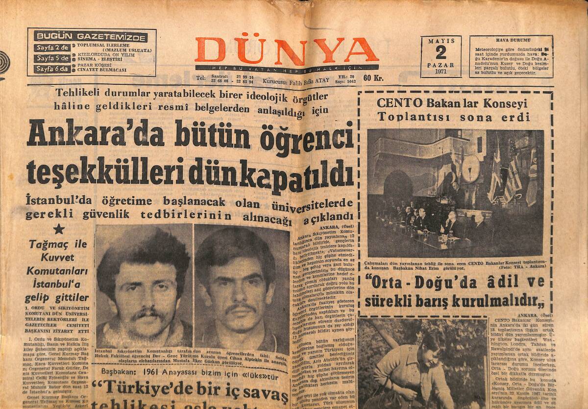 Dünya Gazetesi 2 Mayıs 1971 - Ankara'da Bütün Öğrenci Teşekkülleri Dün Kapatıldı - İhracat Gelirlerinde Artış Bekleniyor GZ150883 - 1