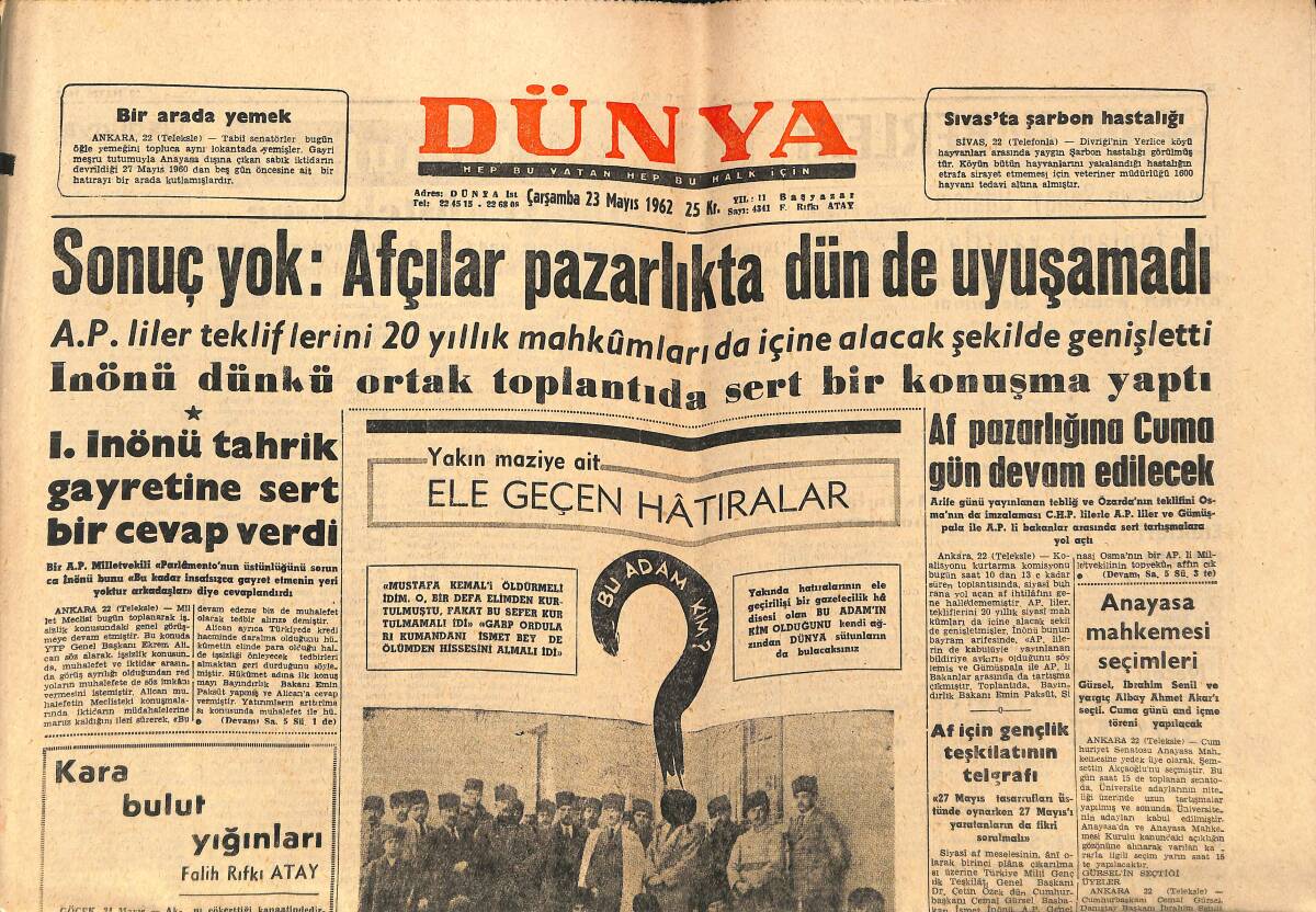 Dünya Gazetesi 23 Mayıs 1962 - Anayasa Mahkemesi Seçimleri - Galatasaray-Fenerbahçe Yarını Bekliyor GZ150886 - 1