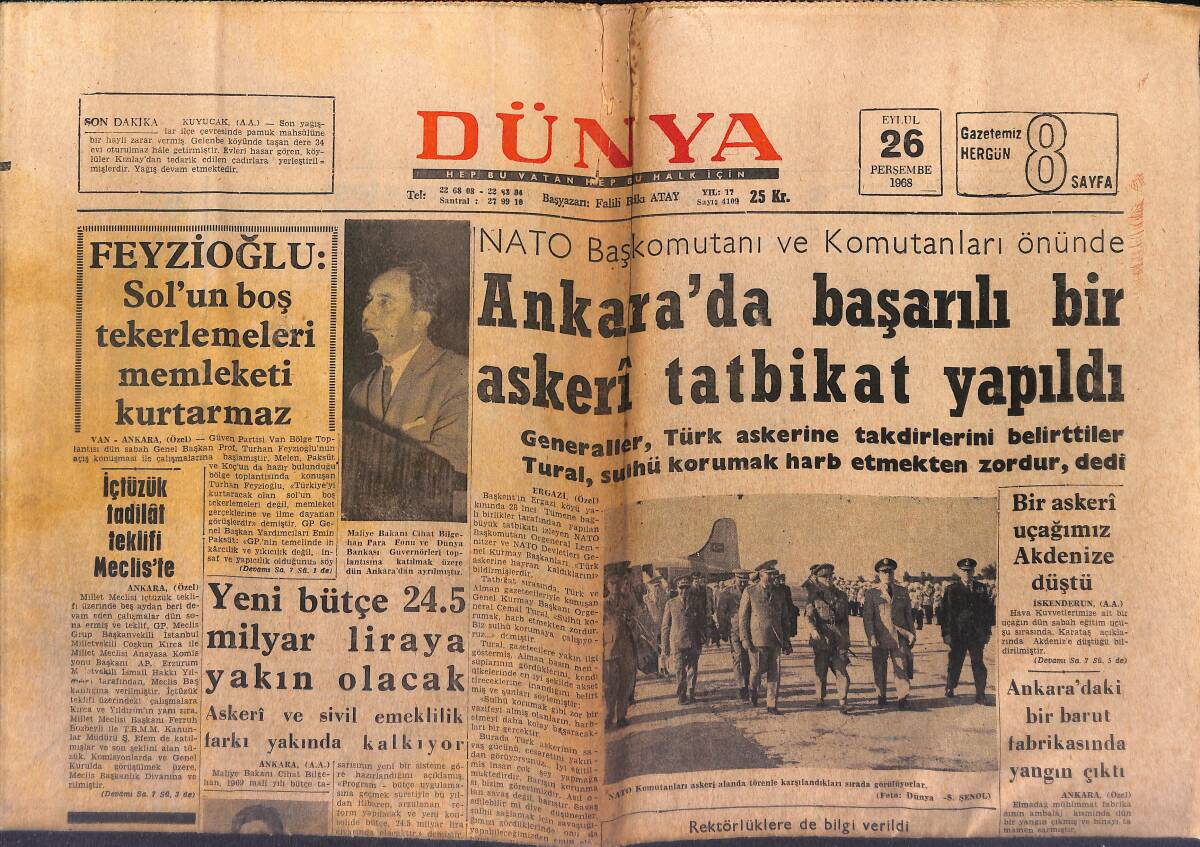 Dünya Gazetesi 26 Eylül 1968 - Atatürk'ün Mumya Heykeli Londra'da Yeniden Yapılacak - Ankara'da Başarılı Bir Askeri Tatbikat Yapıldı GZ149623 - 1