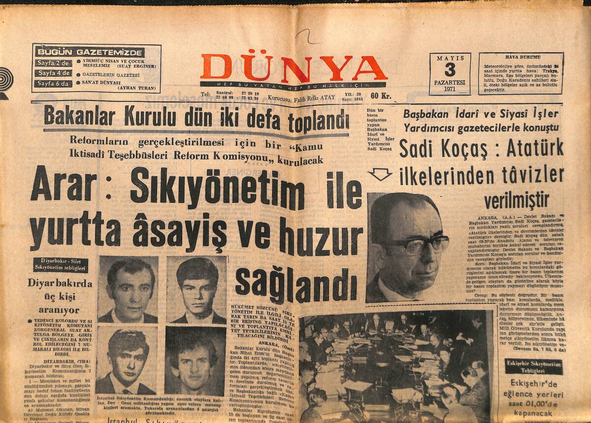 Dünya Gazetesi 3 Mayıs 1971 - Sadi Koçaş : Atatürk İlkelerinden Tavizler Verilmiştir - Havana Duruşması Oyunu Sahneden Kaldırıldı GZ150882 - 1