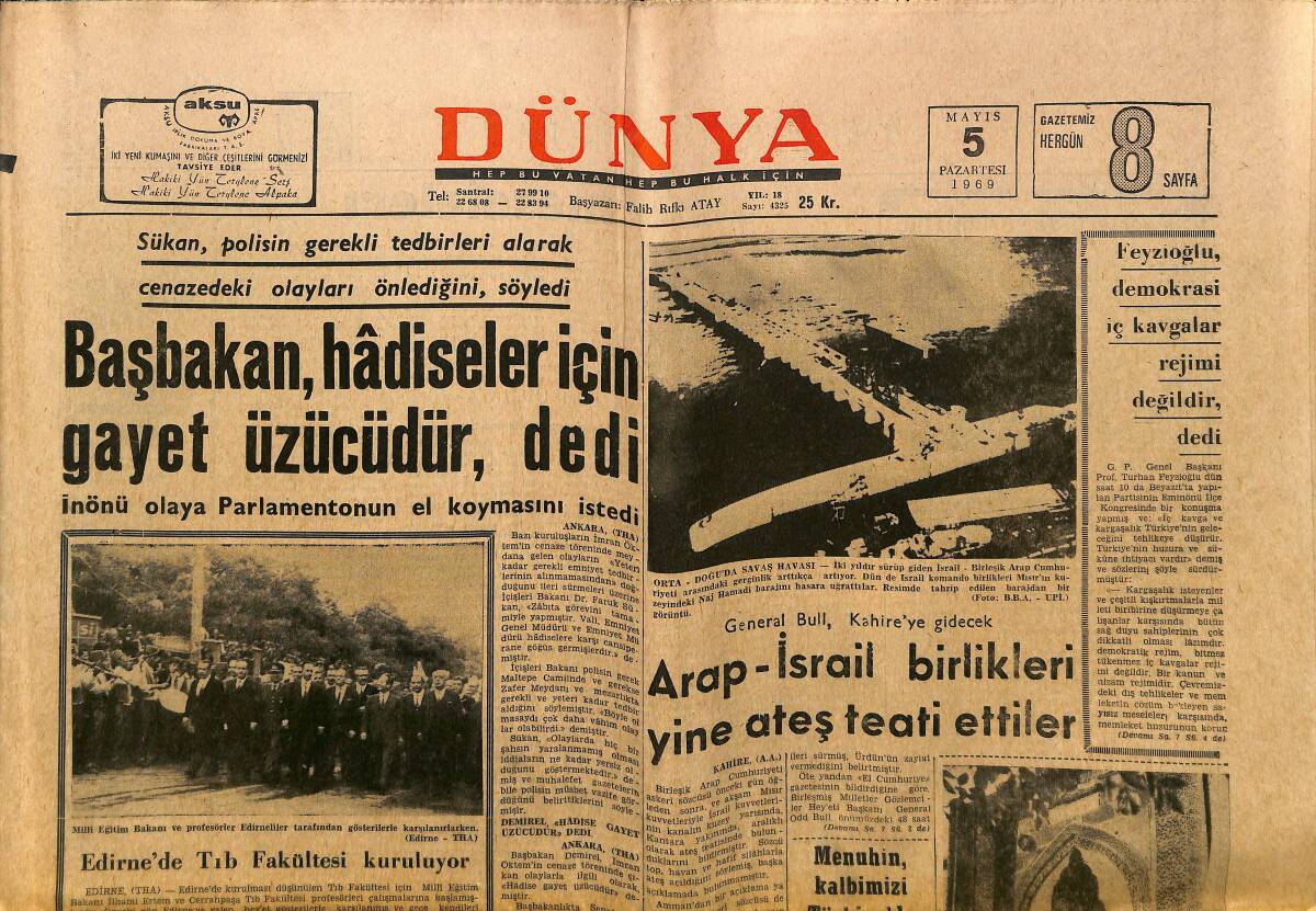 Dünya Gazetesi 5 Mayıs 1969 - İmran Öktem'in Cenazesinde Beklenmedik Olaylar, Arap-İsrail Birlikleri Yine Ateş Etti, Fantoma Çizgi Roman GZ148163 - 1