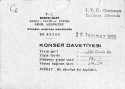 Eğlence Tarihi - İstanbul Radyosu Müdürlüğü 28 Temmuz 1956 Konser Davetiyesi EFM(N)9836 - 1