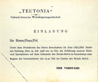 Eğlence Tarihi - TEUTONIA Türk Alman Dostluk Cemiyeti 19 Temmuz 1958 Fenerbahçe Belvü Otel Balo Daveti EFM(N)9840 - 1