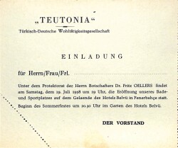 Eğlence Tarihi - TEUTONIA Türk Alman Dostluk Cemiyeti 19 Temmuz 1958 Fenerbahçe Belvü Otel Balo Daveti EFM(N)9840 - 3