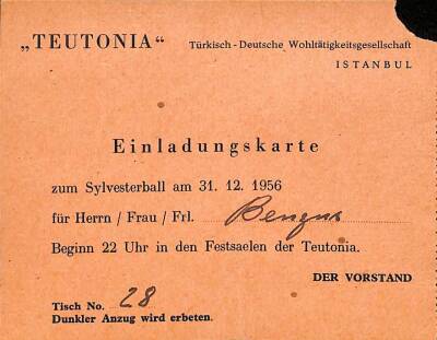 Eğlence Tarihi - TEUTONIA Türk Alman Dostluk Cemiyeti 31 Aralık 1956 Sylvester Balosuna Davetiye (Sylvesterball) EFM(N)9814 - 1