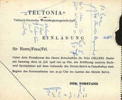 Eğlence Tarihi - TEUTONIA Türk Alman Yardım Şirketi 19 Temmuz 1958 Fenerbahçedeki Otel Belvüda Balo Davetiyesi EFM(N)9829 - 3