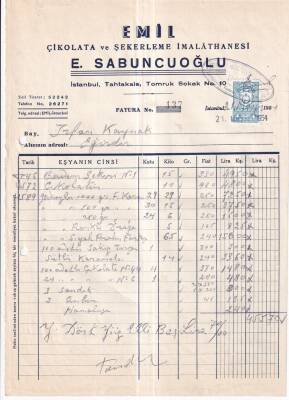 EMİL ÇİKOLATA - ŞEKERLEME İMALATHANESİ E.SABUNCUOĞLU İSTANBUL 1954 FATURA - 2