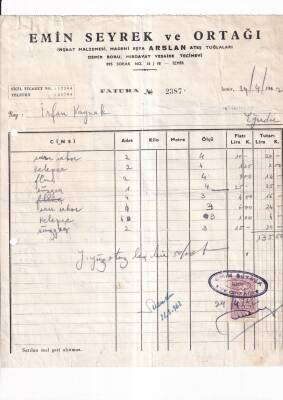 Emin Seyrek ve Ortağı İnşaat Malzemesi Arslan Ateş Tuğlaları Hırdavat vs. Tecim Evi 1962 Antetli Fatura - 2