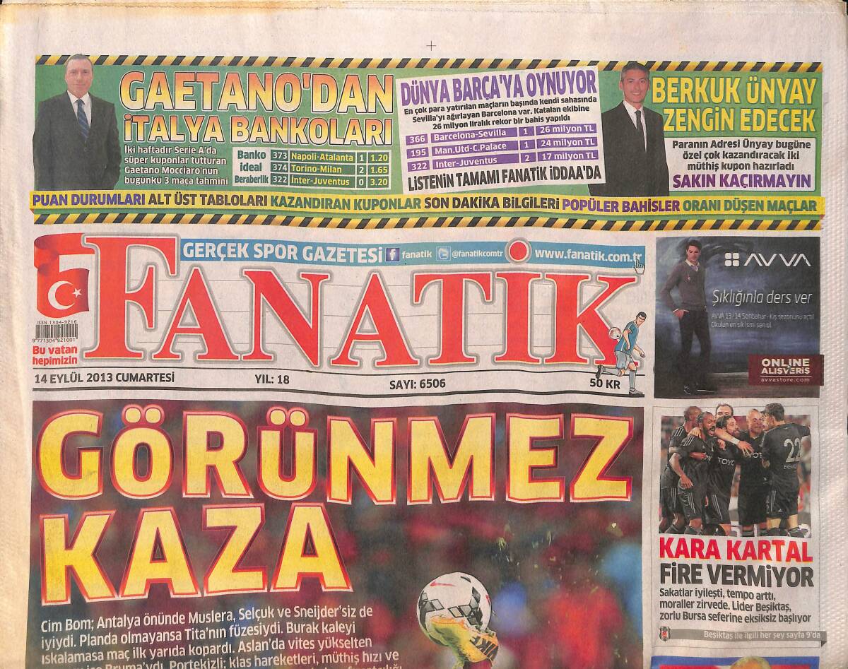 Fanatik Gazetesi 14 Eylül 2013 - Sow'a 2. Şok - Kanarya'ya Tam Destek GZ153917 - 1