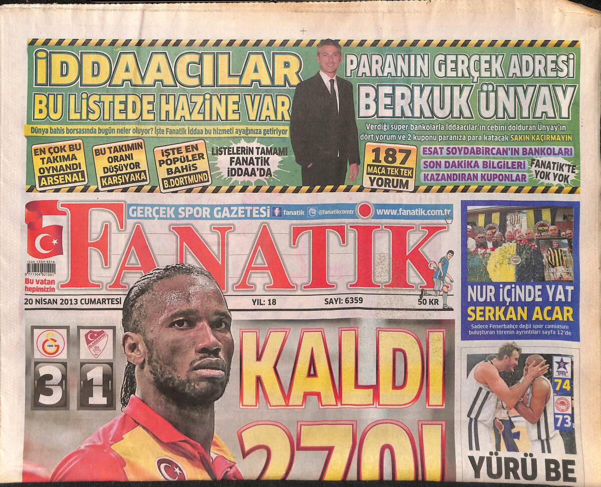 Fanatik Gazetesi 20 Nisan 2013 - Nur İçinde Yat Serkan Acar - Drogba 100 ! GZ153931 - 1