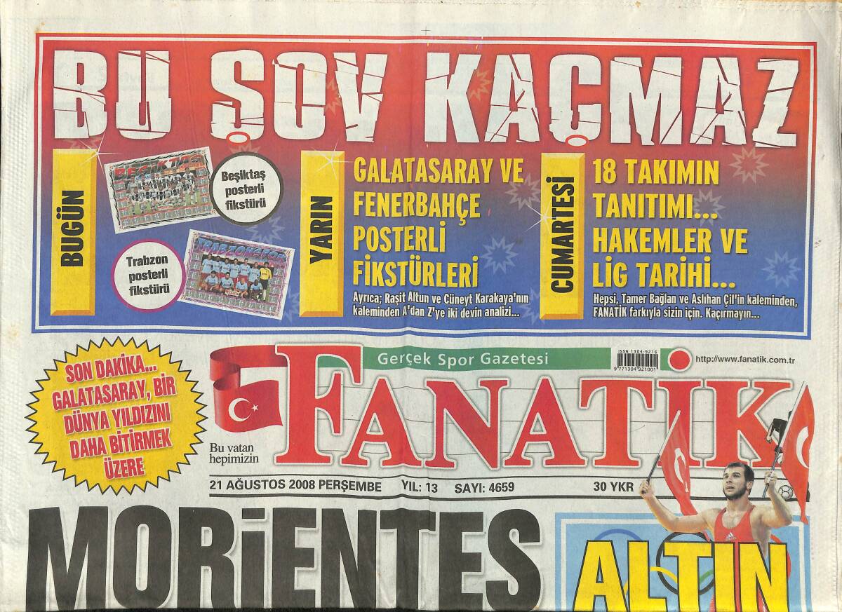 Fanatik Gazetesi 21 Ağustos 2008 - Adnan Polat: Emre Fener'e Gidince İçim Cız Etti - İspanyolların Hedefi Toroman - Ramazan Şahin Altın Madalya GZ155319 - 1