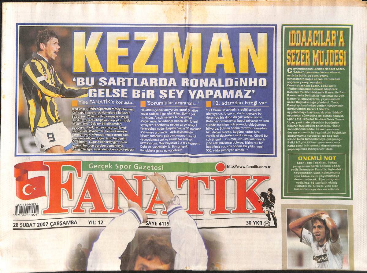 Fanatik Gazetesi 28 Şubat 2007 - Galatasaray , Gerets'le Neden Nikâh Tazeledi - Trabzonspor Nereden Nereye GZ153921 - 1