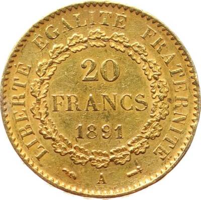 Fransa 20 Frank 1891 Altın ÇİL YMP10928 #710 - 1