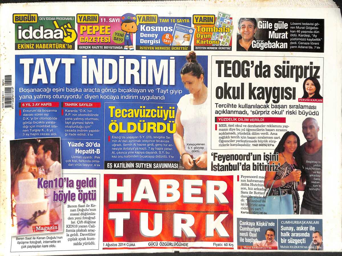 Habertürk Gazetesi 1 Ağustos 2014 - Güle Güle Murat Göğebakan! - Beren Saat  Kenan Doğulu Düğünü! GZ136828