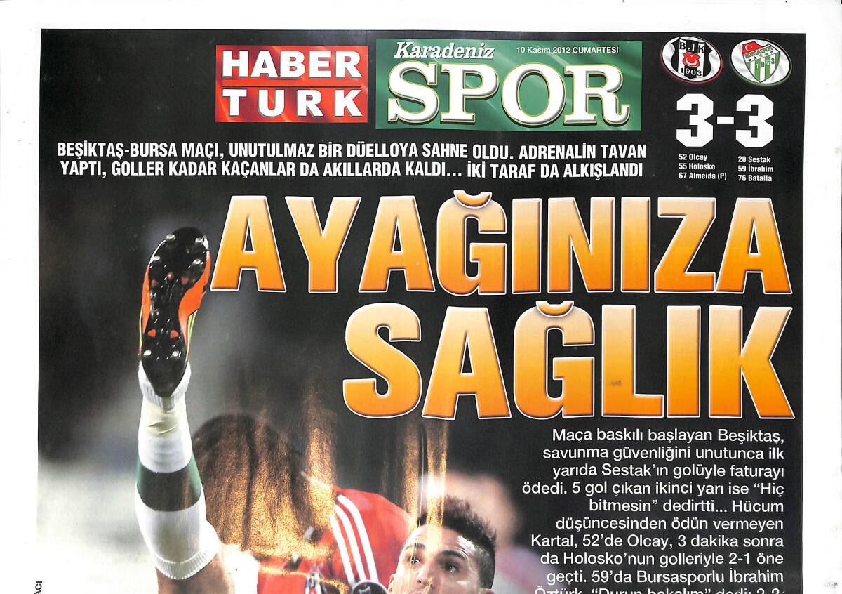 Habertürk Gazetesi Spor Eki 10 Kasım 2012 - Hasan Kabze Atıyor Rize Kazanıyor - Beşiktaş-Bursa Maçı GZ153808 - 1